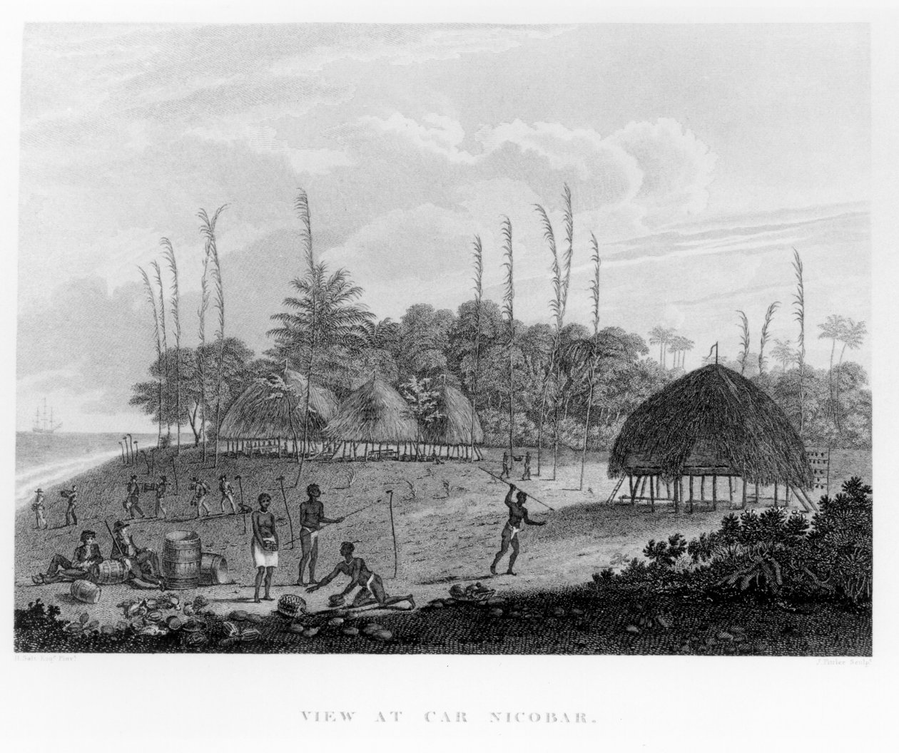 Sjömän samlar proviant på Car Nicobar, från resor och resor till Indien, Ceylon, Röda havet... av George, Viscount Valentia, publicerad 1809 av English School