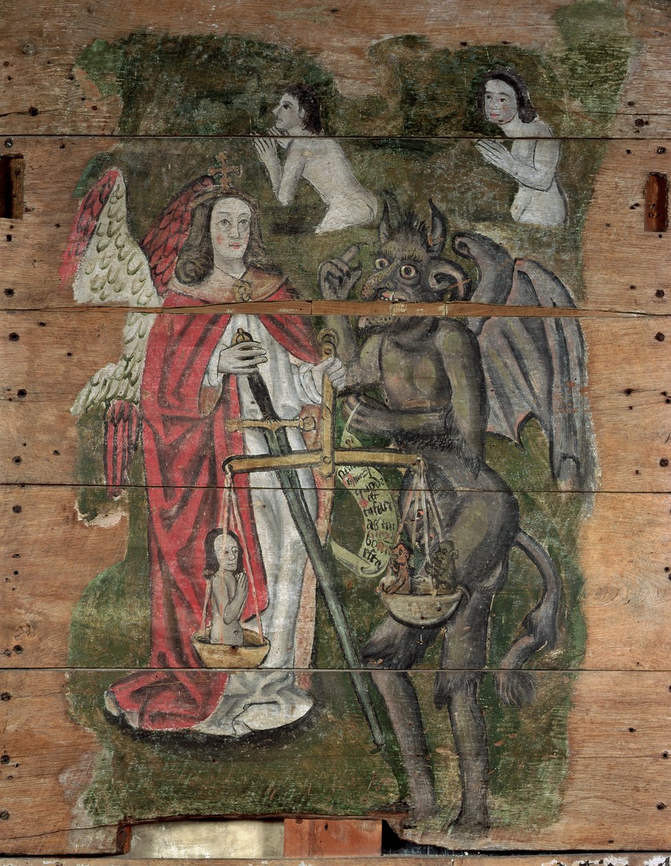 Saint Michael and the Devil, från Wenhaston Doom, ca 1500-20 (målat trä) av English School