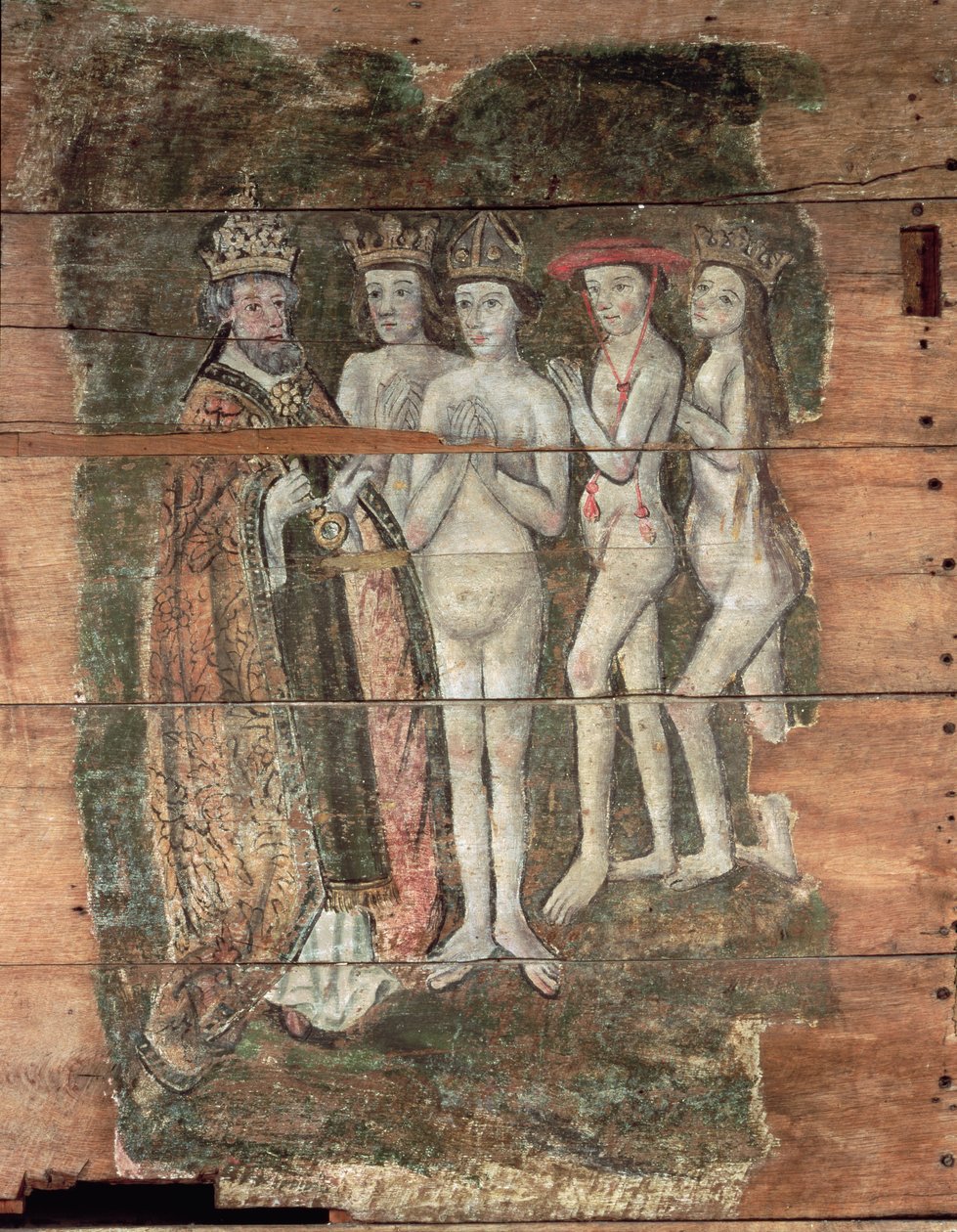 Sankt Peter tar emot adeln, från Wenhaston Doom, c.1500-20 (målat trä) av English School