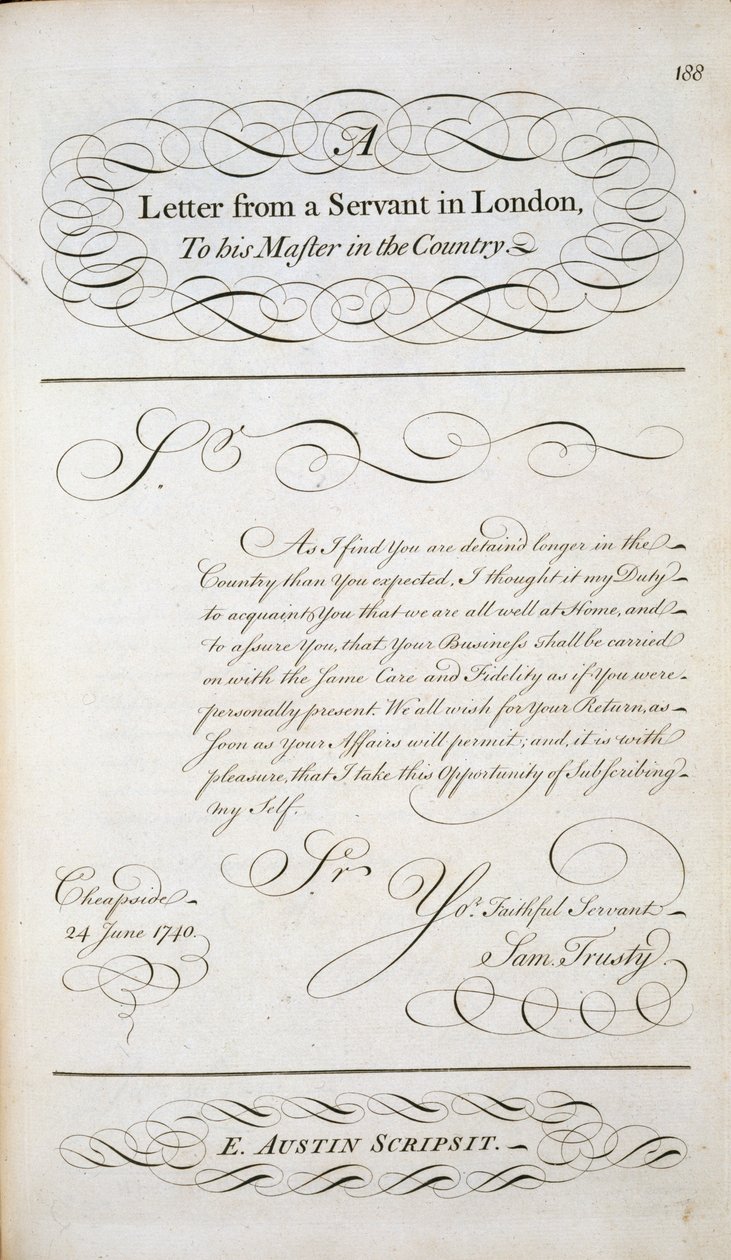 Exempelbrev från en mönsterbok med bokstäver, ca 1740 av English School