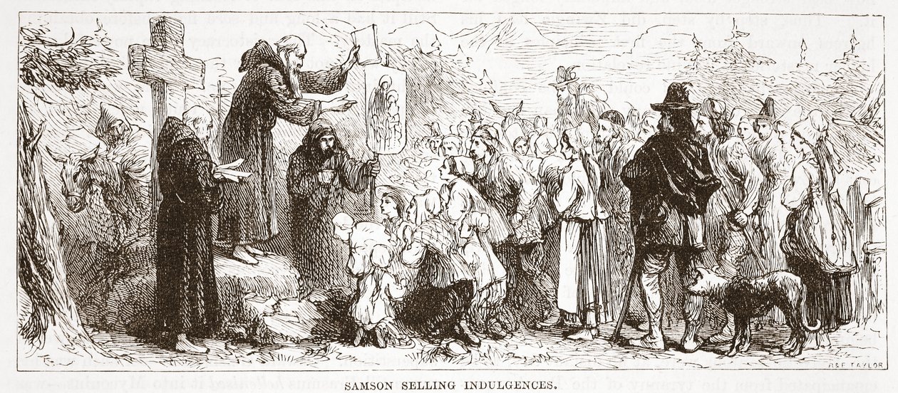 Samson Selling Indulgences, illustration från The History of Protestantism av James Aitken Wylie (1808-1890), pub. 1878 av English School