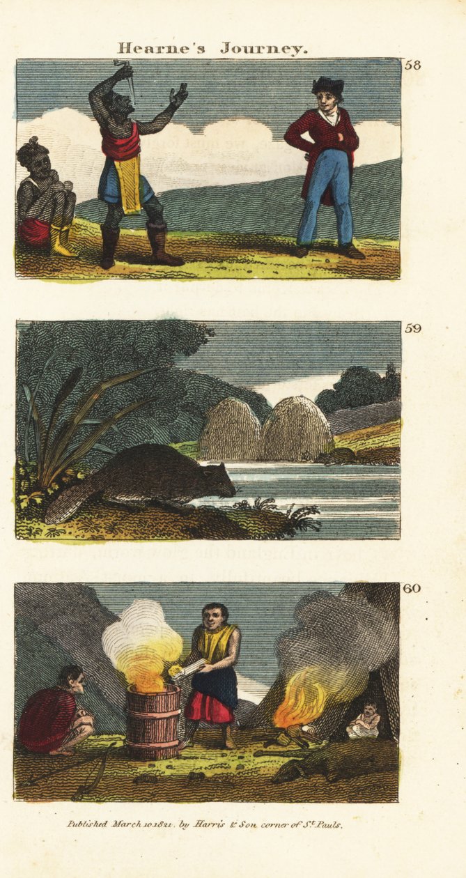 Samuel Hearne tittar på en indiansk svärdssvalare 58, nordamerikansk bäver, Castor canadensis 59 och indianer som kokar vatten i en trätunna med varma stenar 60 av English School