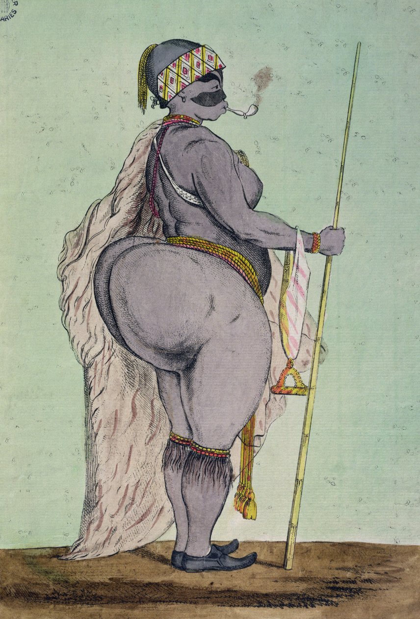 Sartjee, Hottentot Venus, utställer nu i London, Drawn from Life, ca 1810 av English School
