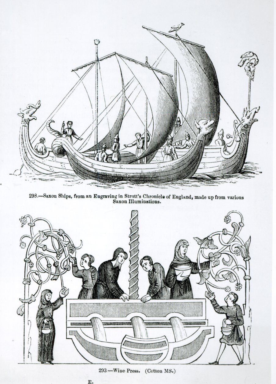 Saxon Ship, från en gravyr i Strutts Chronicle of England och en vinpress av English School