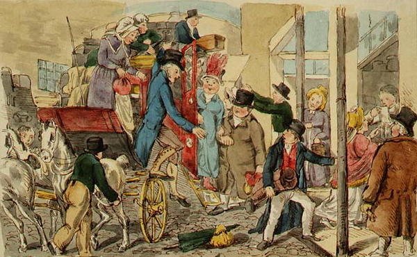 Scene at an Inn Yard, The Arrival of a Coach, ca 1820 (penna & bläck och akvarell på papper) av English School