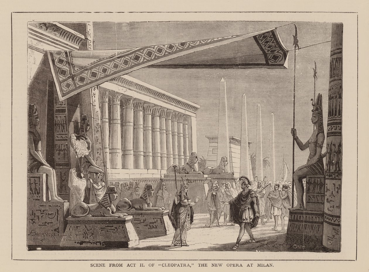 Scen ur akt II i "Cleopatra", Den nya operan i Milano (gravyr) av English School