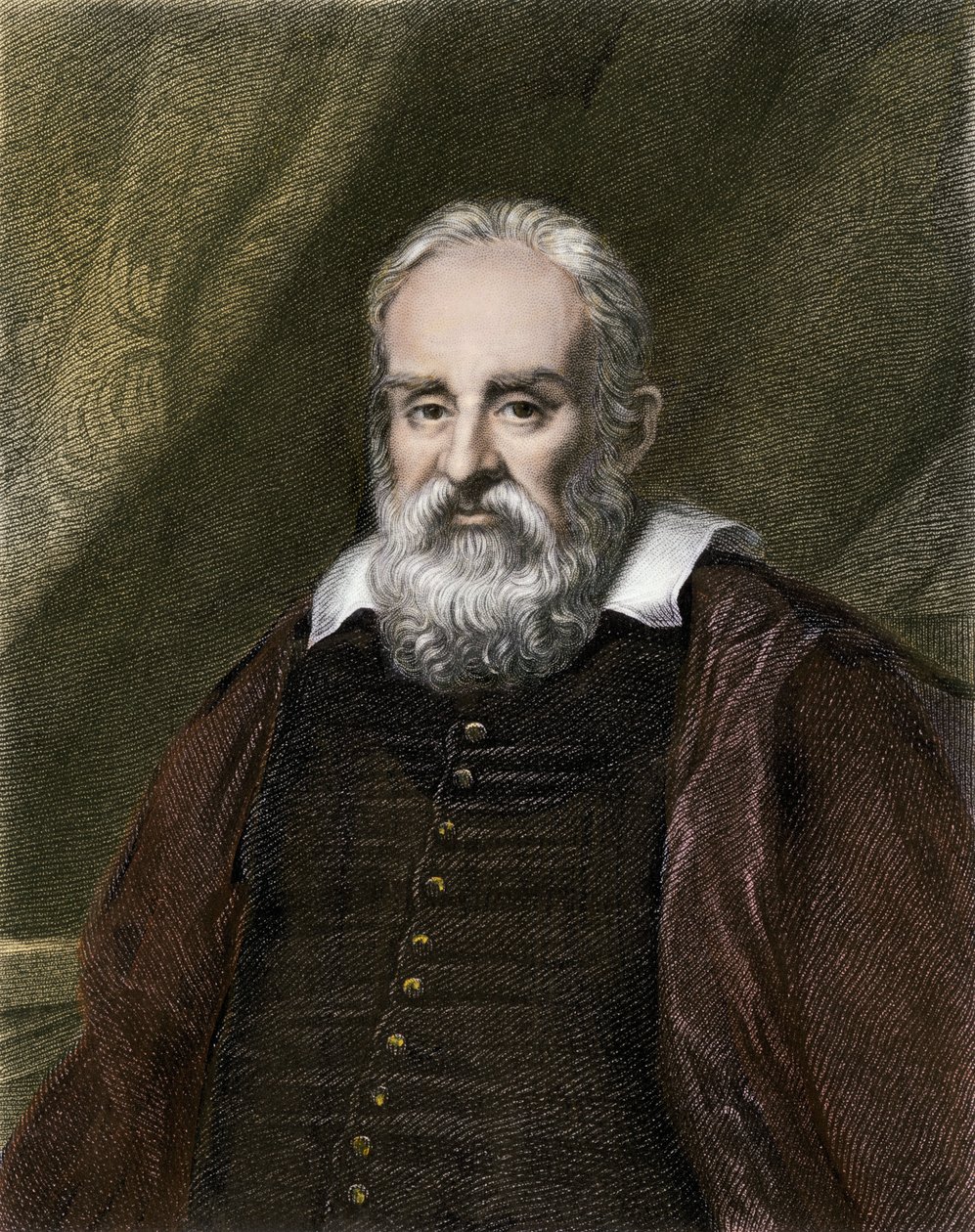 Vetenskap och vetenskapsmän: Porträtt av Galileo Galilei dit Galilee, italiensk astronom (1564-1642). Gravyr i färg. av English School