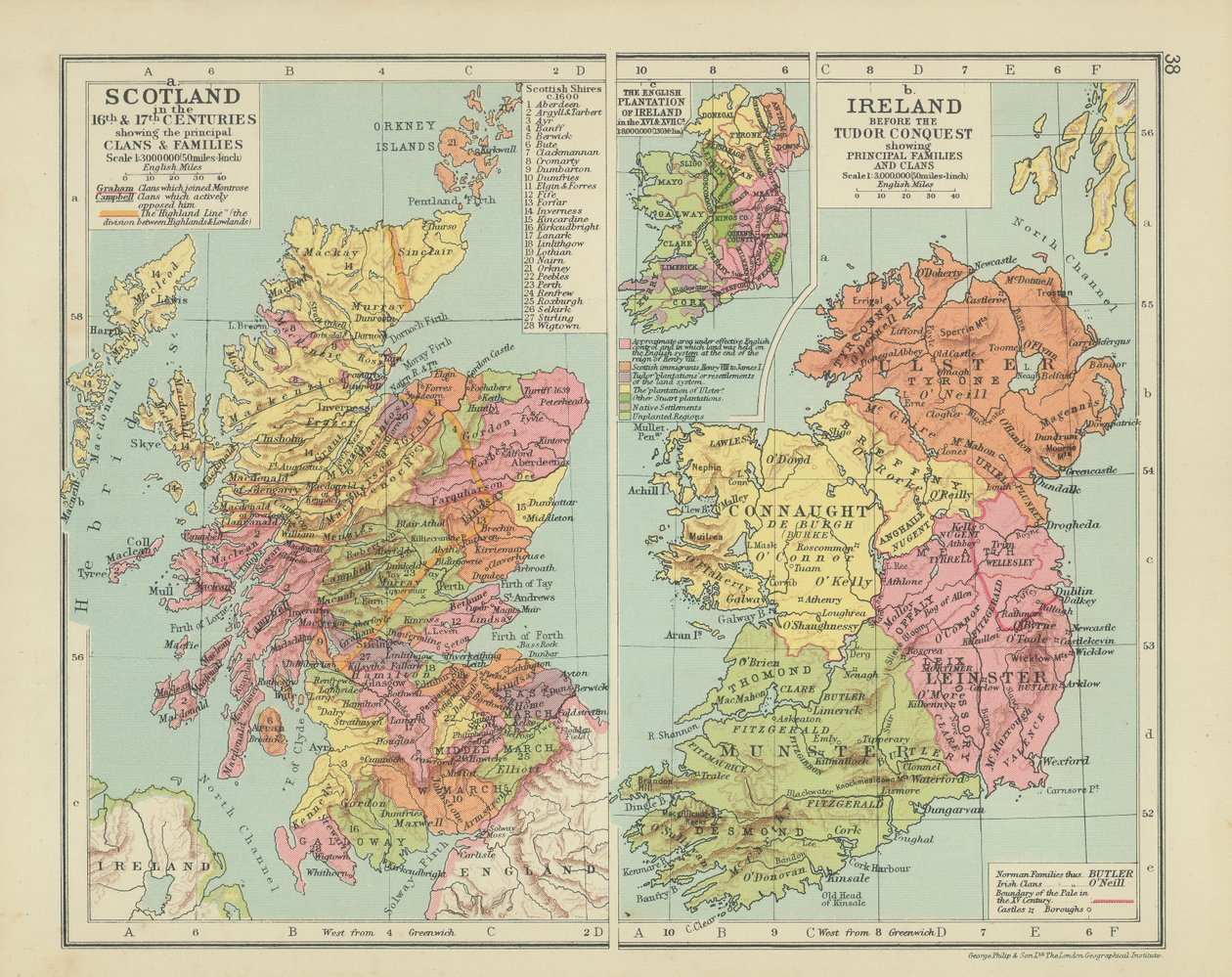 Skottland under 1500- och 1600-talen med de viktigaste klanerna och familjerna (färglitografi) av English School