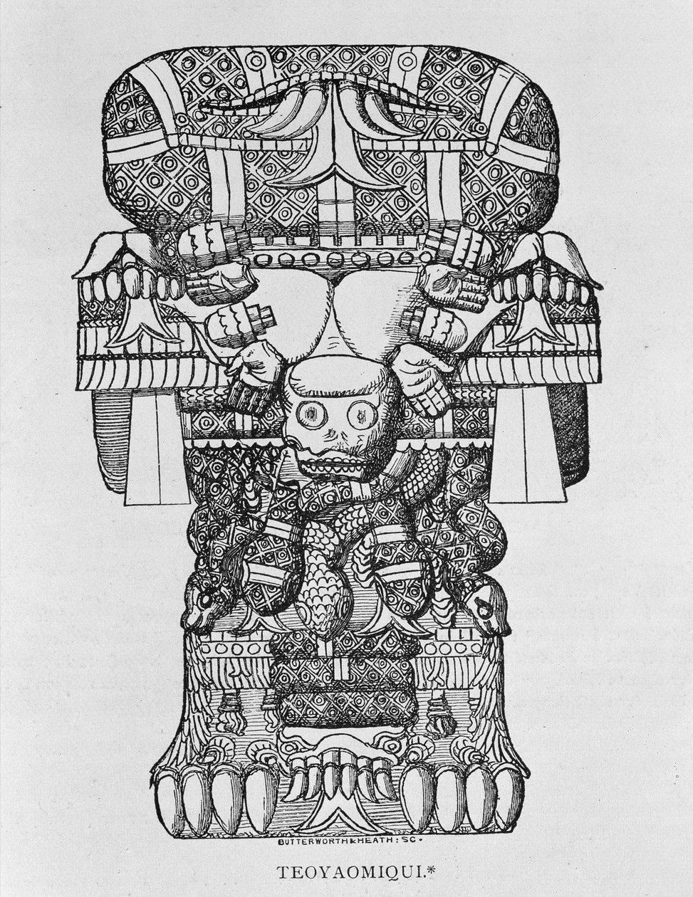 Skulptur av gudinnan Coatlicue, från "Narrative and Critical History of America", pub. 1889 (gravyr) av English School