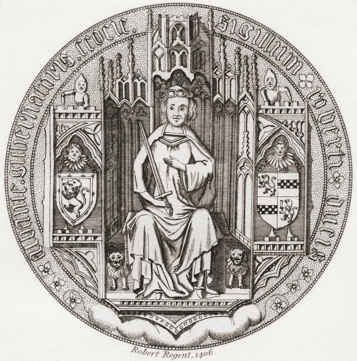 Sigill av Robert Stewart, hertig av Albany, ca. 1340 1420. Medlem av det skotska kungahuset, regent, guvernör i Skottland, Hertig av Albany, Earl of Fife & Menteith. Från Iconographia Scotica eller Portraits of Illustrious Persons of Scotland, publicerad 1 av English School