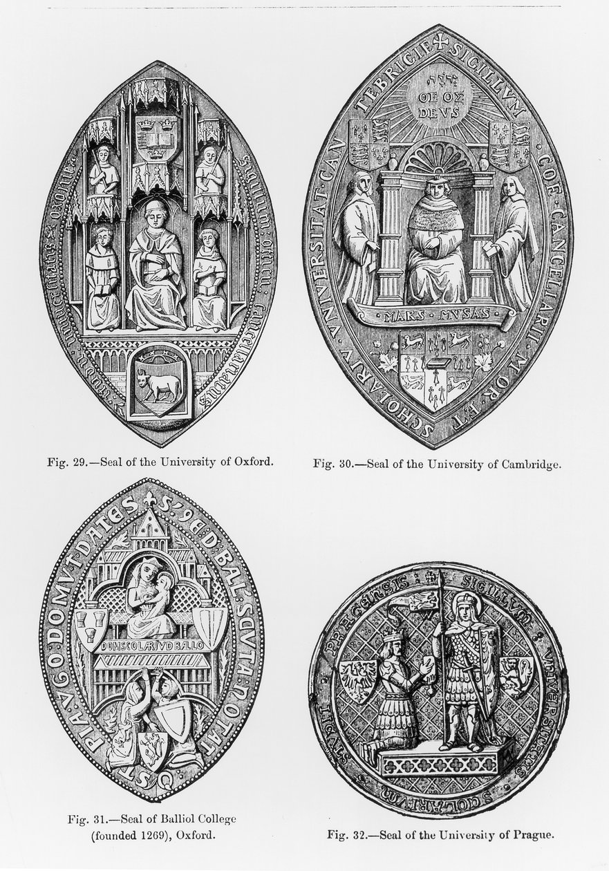 Sigill från University of Oxford, Cambridge, Balliol College, Oxford och University of Prague, illustration från vetenskap och litteratur från medeltiden och renässansen, skriven av Paul Lacroix av English School