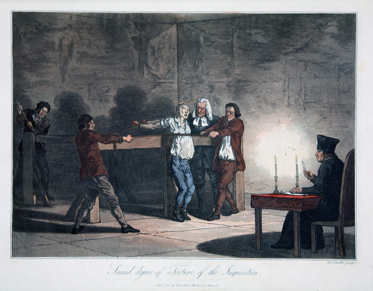 Andra graden av tortyr av inkvisitionen, graverad av L.C. Stadler, pub. av Cadell & Davies, London, ca 1813 (färgad gravyr) av English School