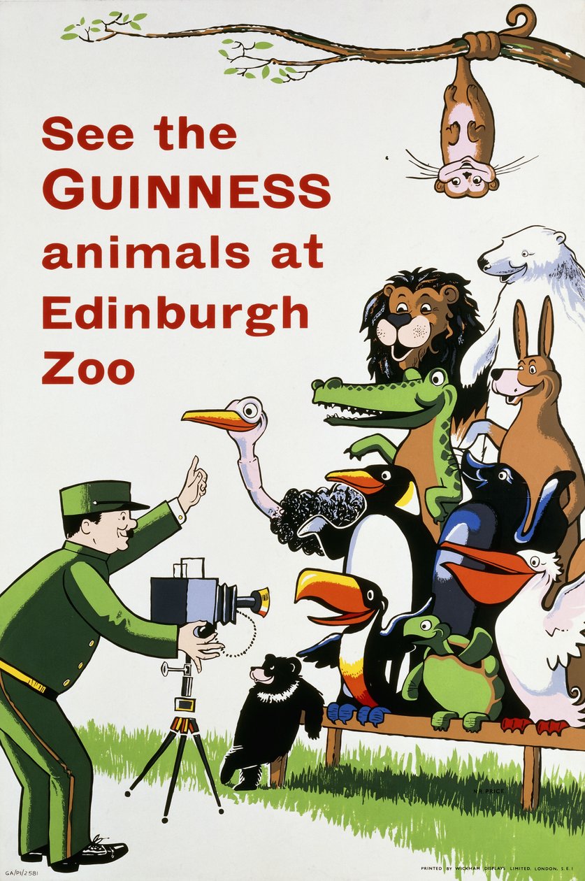Se Guinness-djuren på Edinburgh Zoo, ca 1938 (litografi i färger) av English School