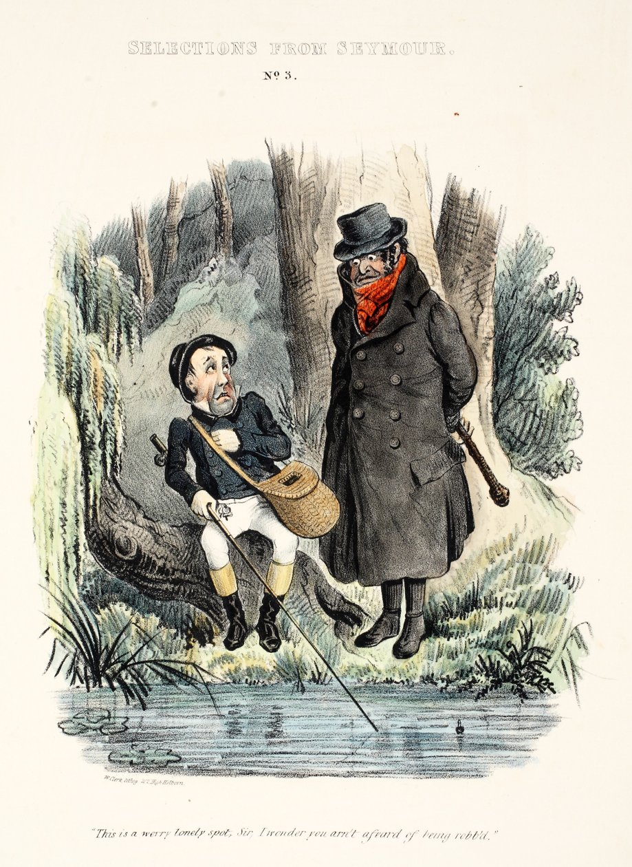 Urval från Seymour: nr 3, "Detta är en ensam plats, sir, jag undrar att du inte är rädd för att bli rånad", pub ca 1840 (handfärgad gravyr) av English School