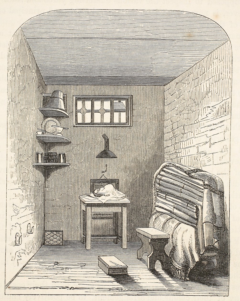 Separat cell i den gamla delen av fängelset i Brixton, illustration från The Criminal Prisons of London och Scenes from Prison Life av Henry Mayhew och John Binny, pub. 1862 av English School