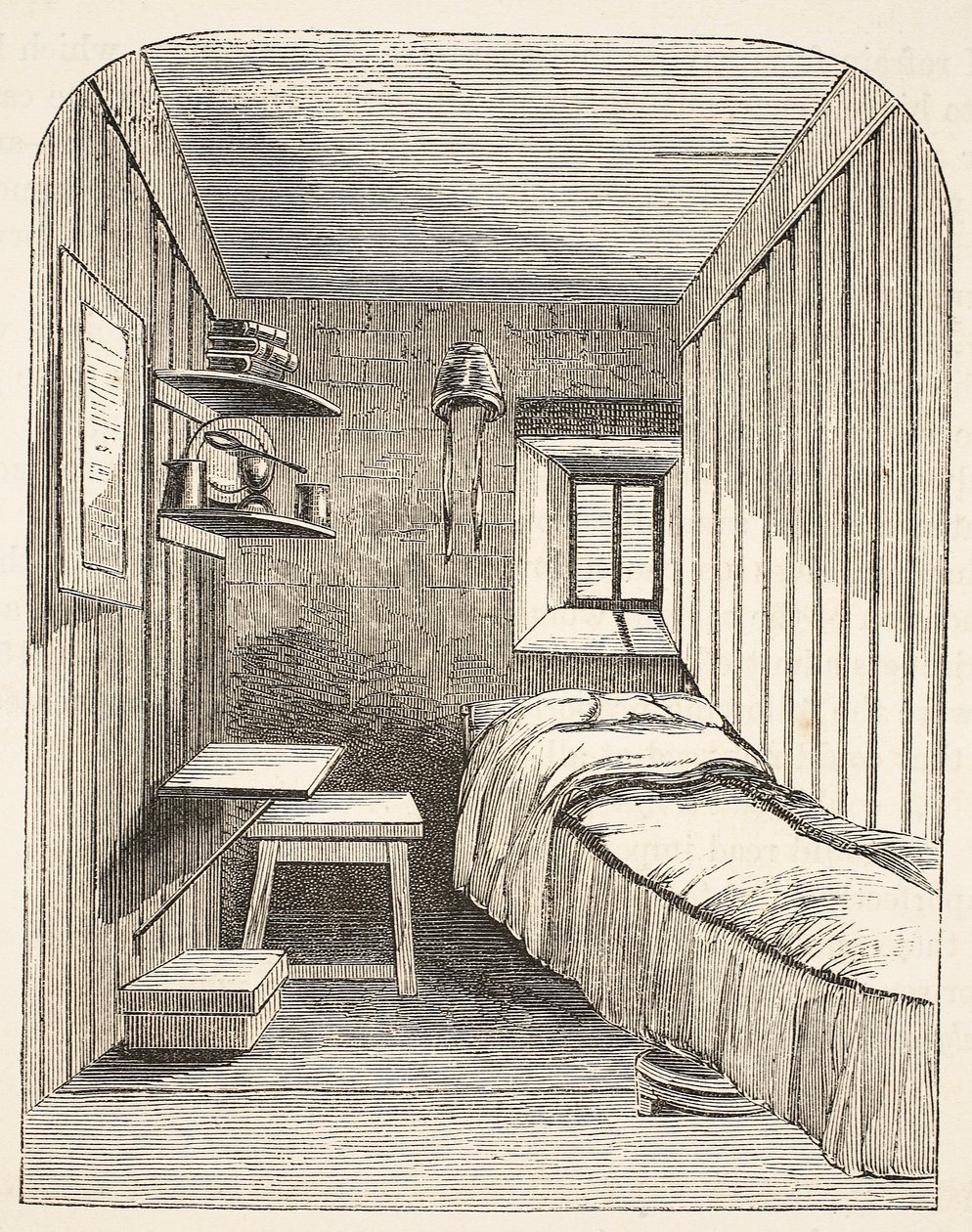Separat sovcell i en av de nya flyglarna av Female Convict Prison i Brixton, illustration från The Criminal Prisons of London och Scenes from Prison Life av Henry Mayhew och John Binny, pub av English School