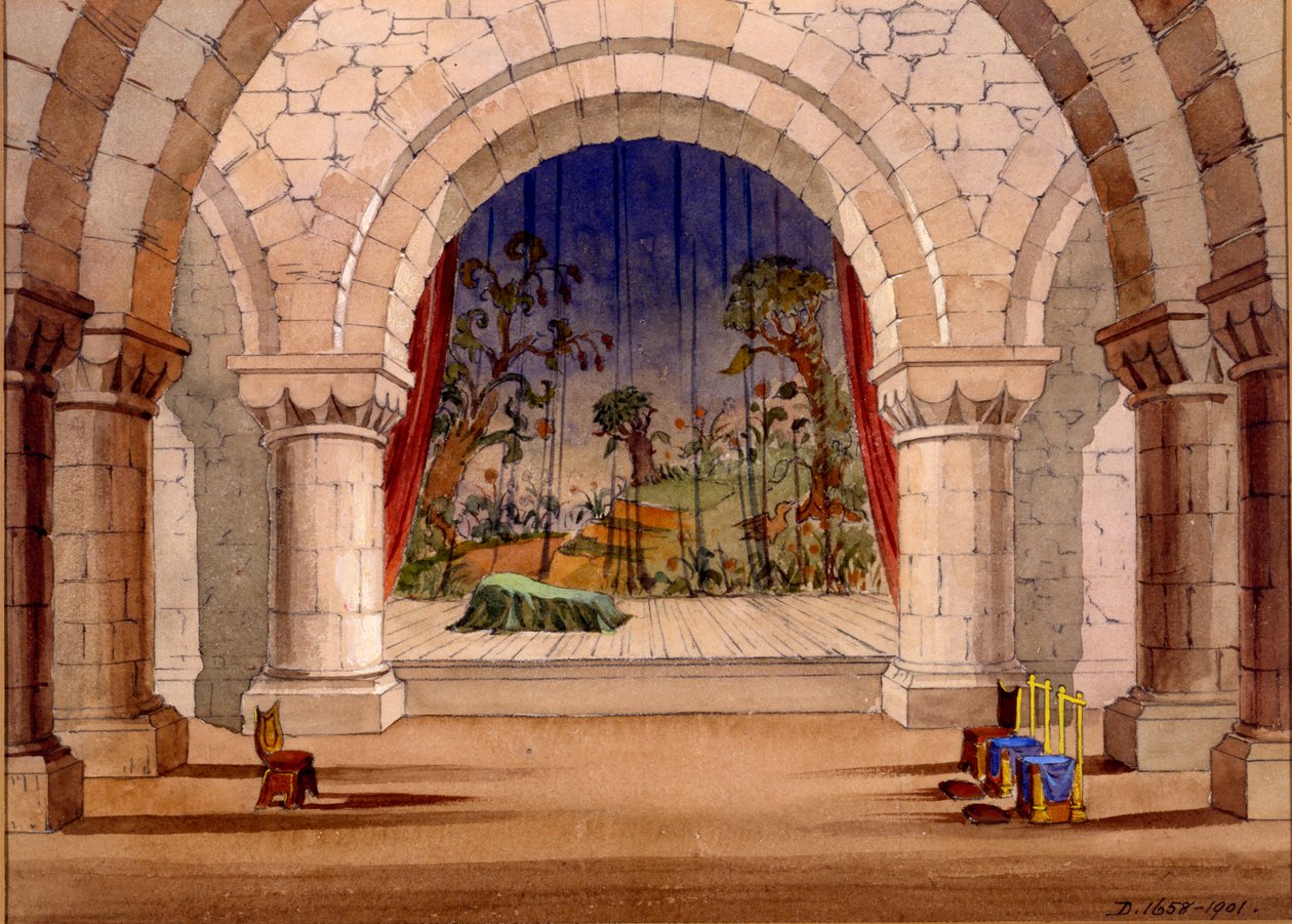 Scenografi för Hamlet av William Shakespeare, 1858 (wc på papper) av English School