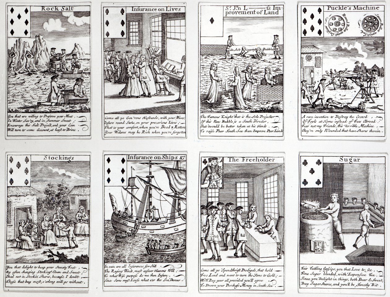Uppsättning spelkort som visar satiriska scener av aktuella kommersiella satsningar och investeringar, ca 1720 av English School