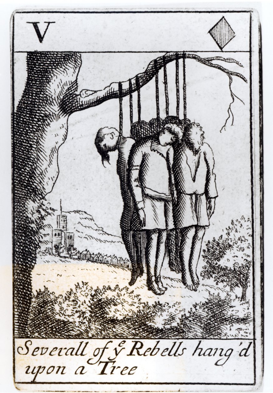 Flera rebeller hängde från ett träd, fem hjärtan som spelade kort från en uppsättning till minne av Monmouths uppror 1685 av English School