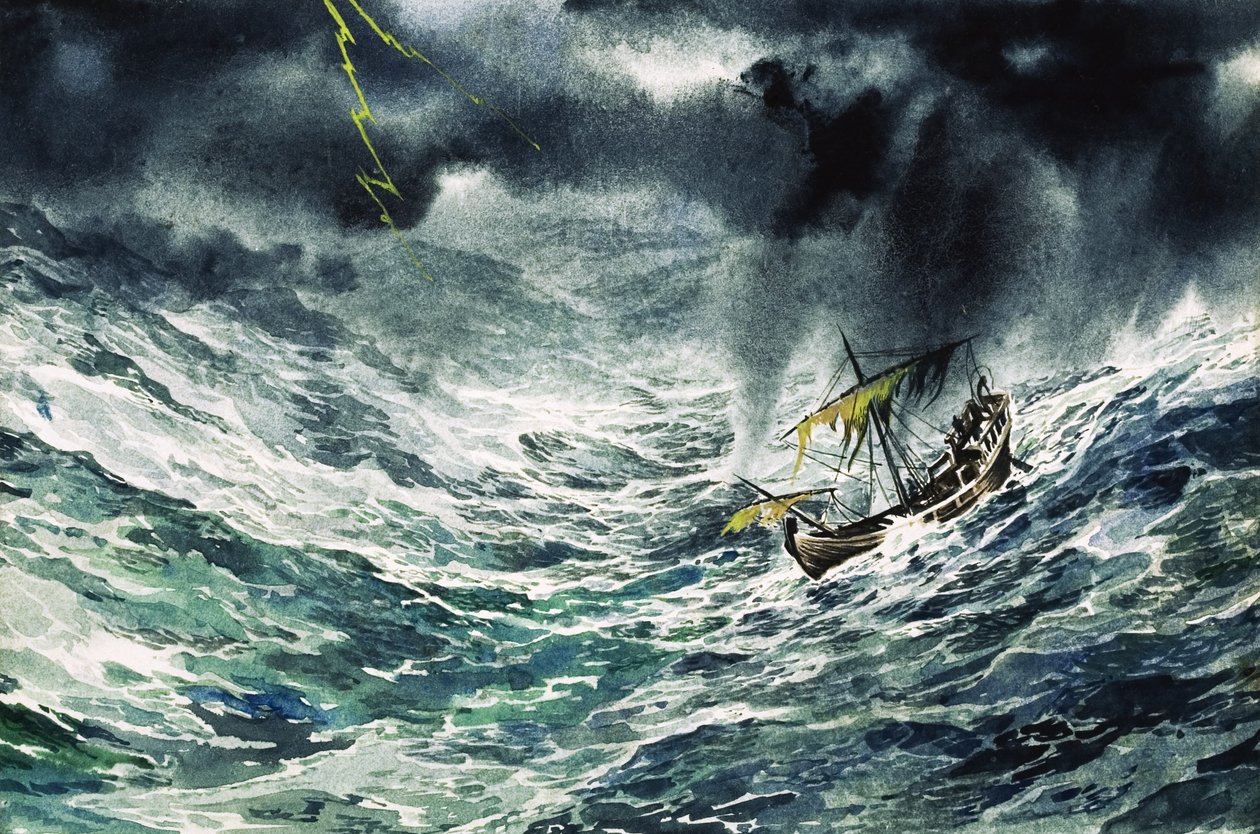 Skepp i storm (gouache på papper) av English School