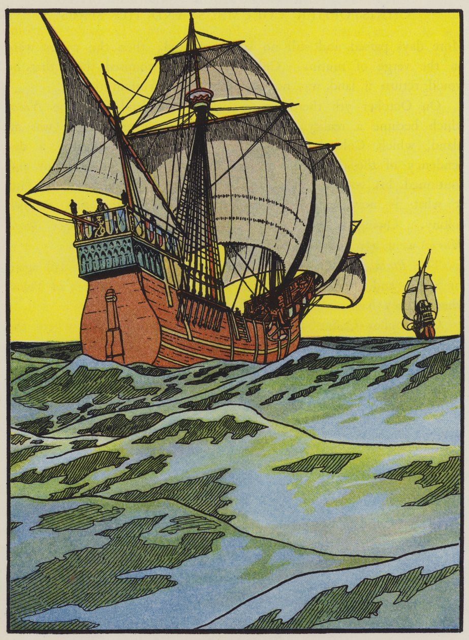 Christopher Columbus skepp korsar Atlanten (färglitografi) av English School