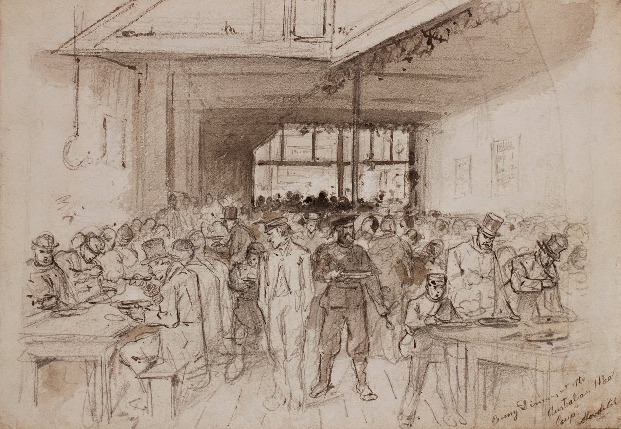 ?Shoreditch, Penny dinner at the Australian Meat Company, ca 1860 (penna, bläck & tvätt på papper) av English School