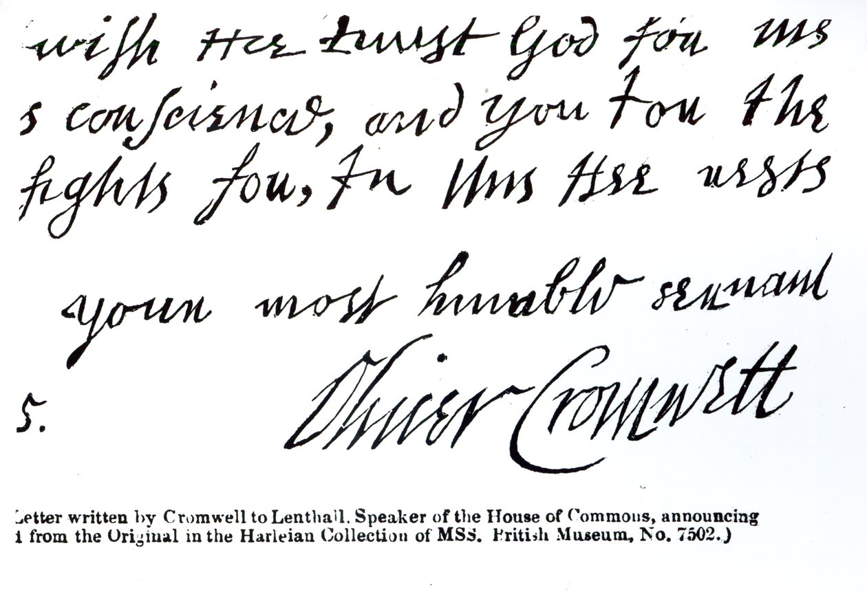 Signatur av Oliver Cromwell (1599-1658), från ett handskrivet brev till Lenthall, talman för underhuset (penna och bläck på papper) av English School