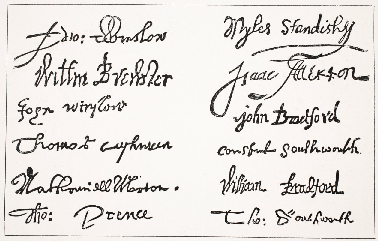 Pilgrimsfädernas signaturer, illustration från Hutchinsons Story of the British Nation, ca 1923 av English School