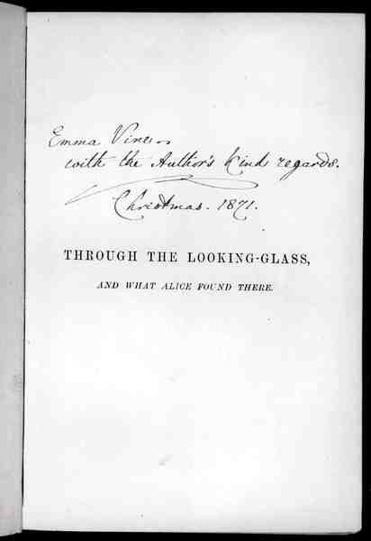 Signerad sida av "Alice Through the Looking-Glass" av Lewis Carroll (1833-98) 1871 (litho) av English School