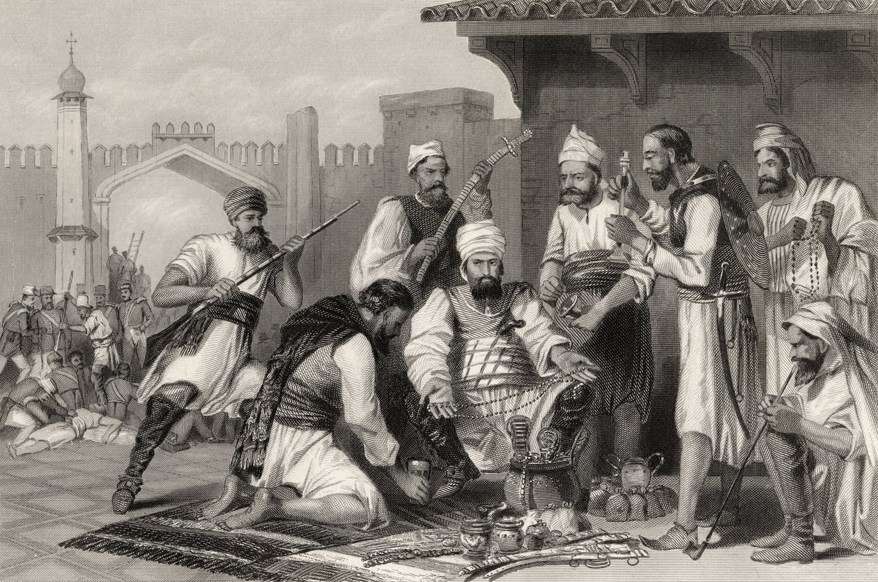 Sikh-trupper som delar bytet från myterister, från "The History of the Indian Mytery" publicerad 1858 av English School
