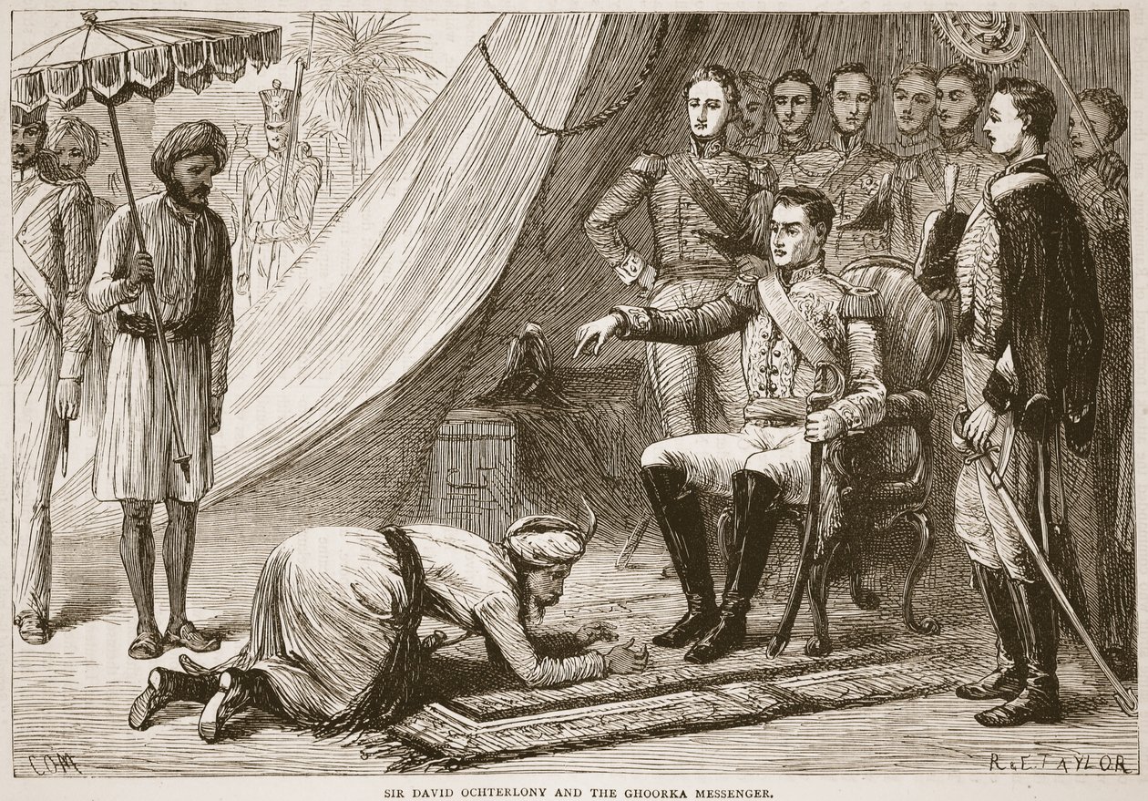 Sir David Ochterlony och Ghurka-budbäraren, illustration från Cassells Illustrated History of India av James Grant, pub. 1879 av English School