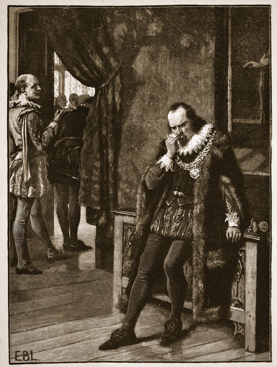 Sir Francis Bacon väntar på en publik av Buckingham, illustration från Cassells Illustrated History of England (sepiafoto) av English School
