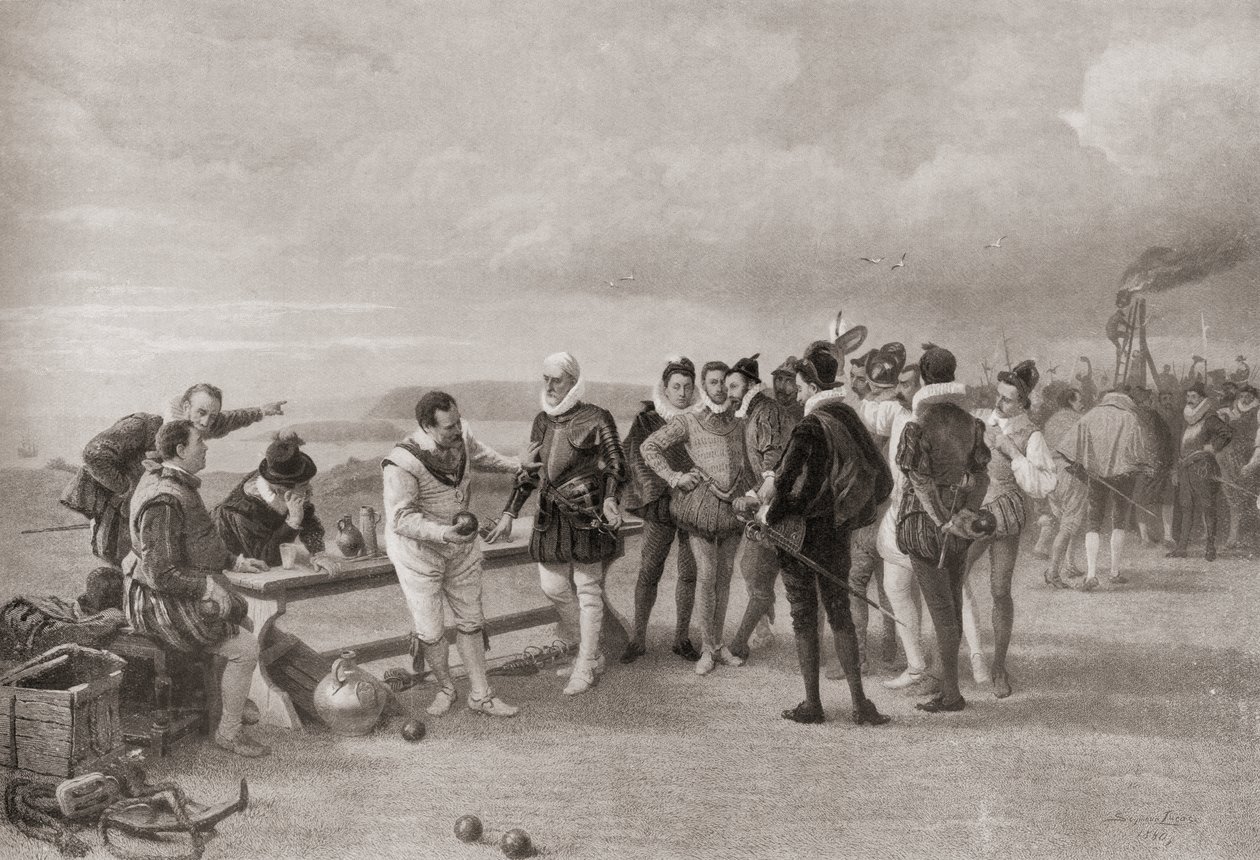 Sir Francis Drake spelar bowls, med den spanska armadan i sikte vid Plymouth Hoe, England 1588. av English School