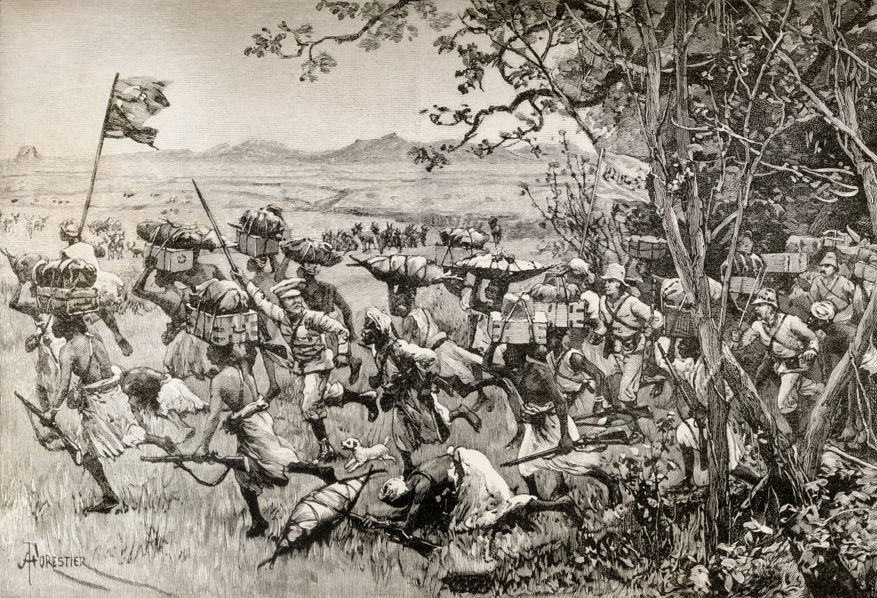Sir Henry Morton Stanley och hans män kommer till slut ut ur skogen och in på gräsmarken 1887, under Emin Pashas hjälpexpedition i Afrika av English School