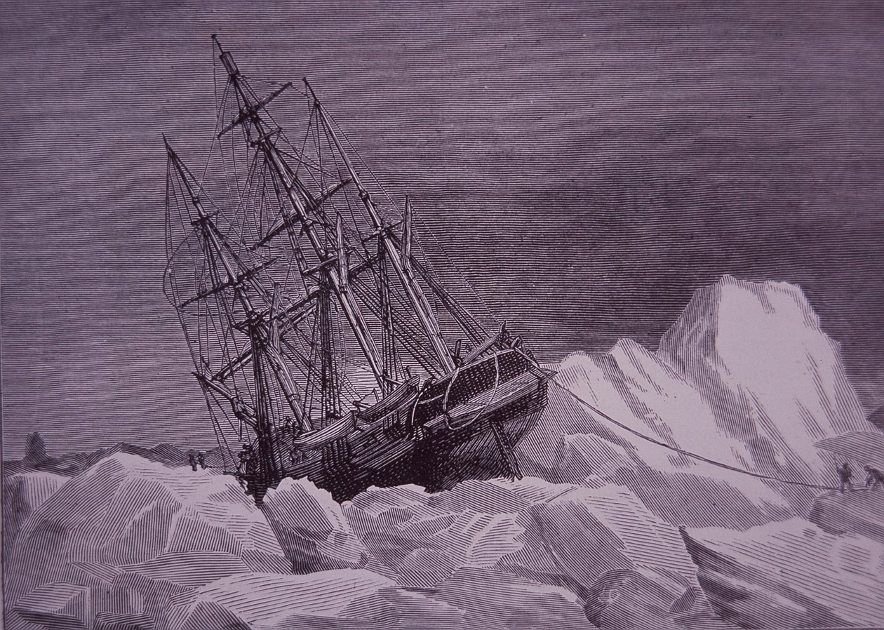 Sir John Franklin, expedition 1845 för att hitta Northwest Passage, skepp Terror fast i is, sent 1800-tal (gravyr) av English School