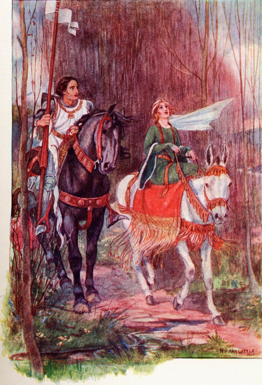 Sir Lancelot och drottning Guinevere. Färgad illustration från boken The Gateway to Tennyson publicerad 1910. av English School