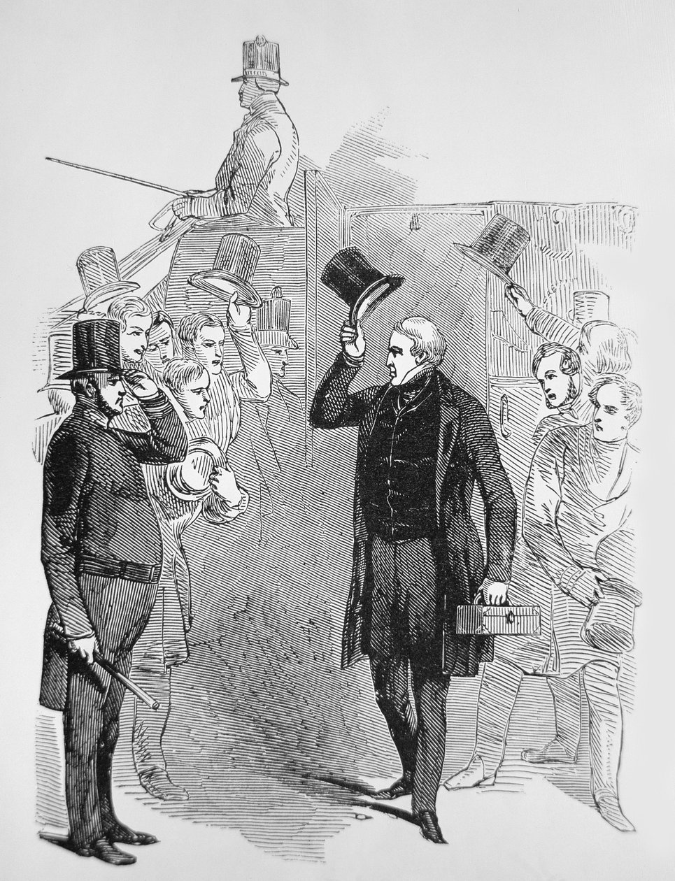 Sir Robert Peel anländer till underhuset, saluterad av en "Peeler" (gravyr) av English School