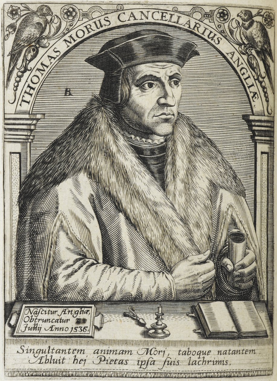 Sir Thomas More, Saint, illustration från "Ikoner för femtio män av illustrerande lärande och lärande..." av English School