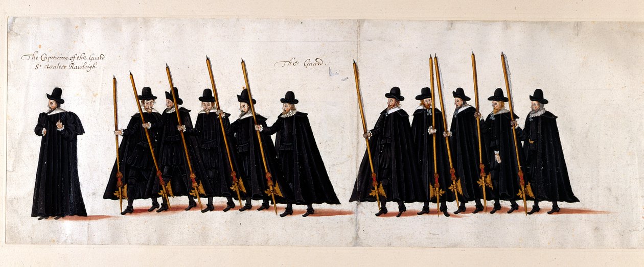 Sir Walter Raleigh, kapten för gardet och gardet. Del av drottning Elizabeth I:s begravningståg till Westminster Abbey, 28 april 1603. av English School
