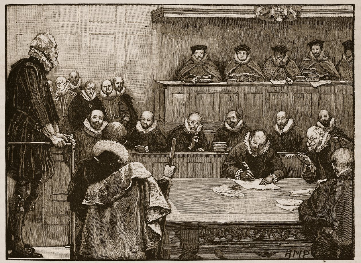 Sir Walter Raleigh före domarna, illustration från Cassells Illustrated History of England (sepiafoto) av English School