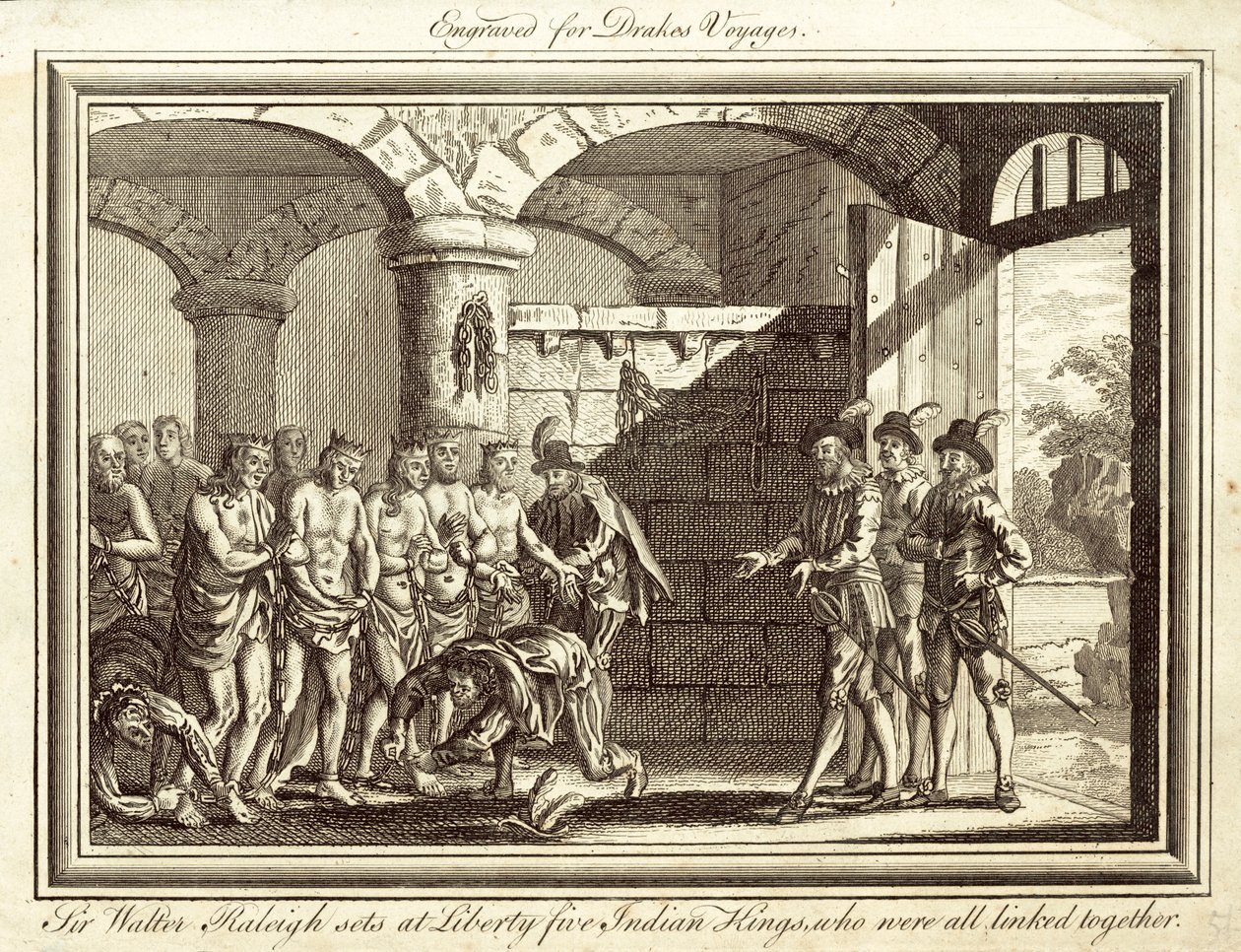 Sir Walter Raleigh släpper fem indiska kungar fria, som alla var sammanlänkade (gravyr) av English School