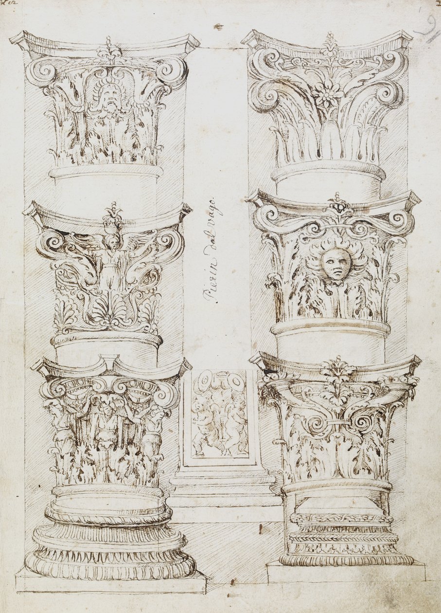 Six Capitals, a Lesene and Two Column Bases, Folio 1, The Master of the Oxford Album, c.1512-17 (penna och mörkbrunt bläck) av English School