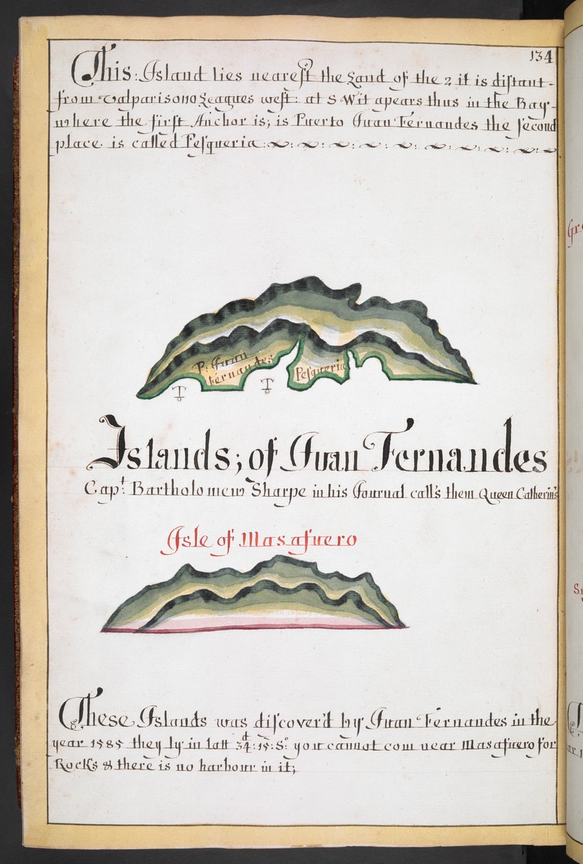 Sloane MS 44, f.269v, Karta över Juan Fernández i William Hacks South Sea Wagoner av English School