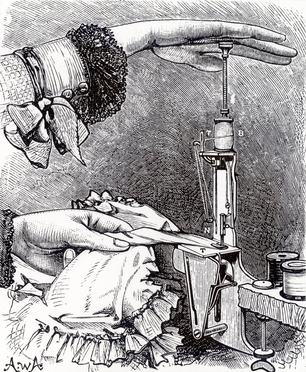 Liten symaskin med låssöm, åtta tum lång, vägande 8 ounce, från Cassells Family Magazine, publicerad 1886 av English School