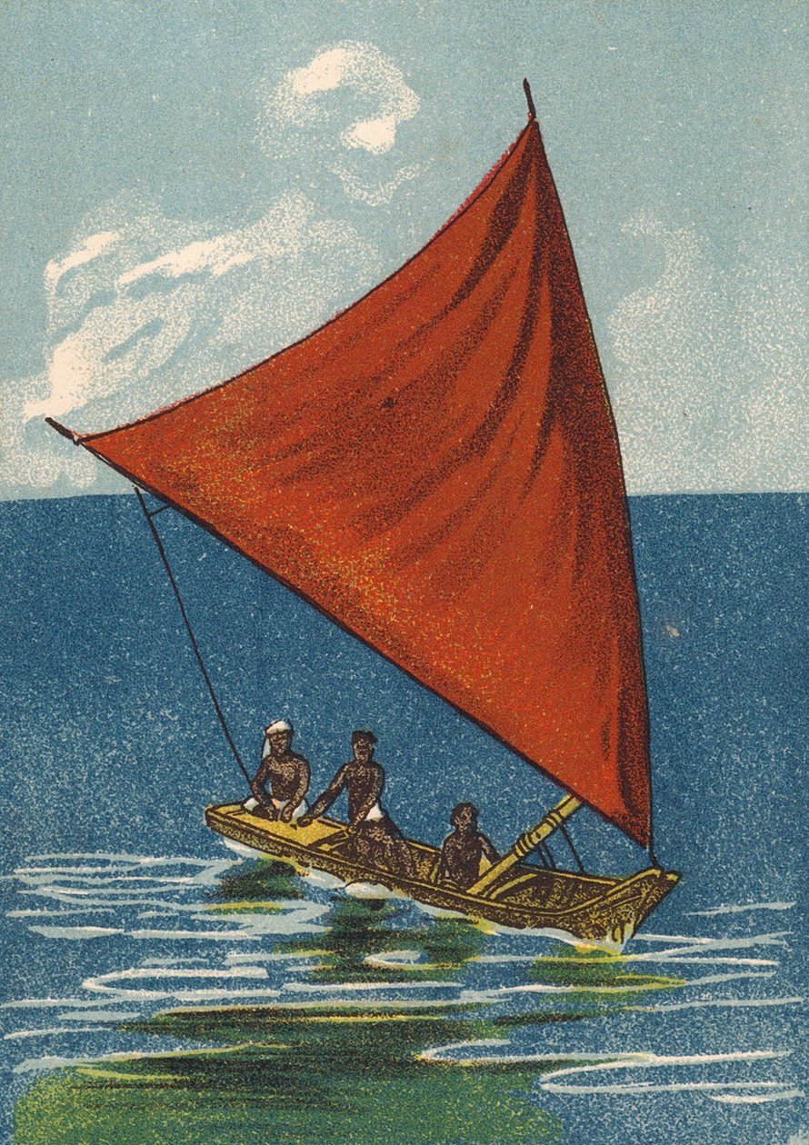 Liten segelbåt, Indien (färglitografi) av English School
