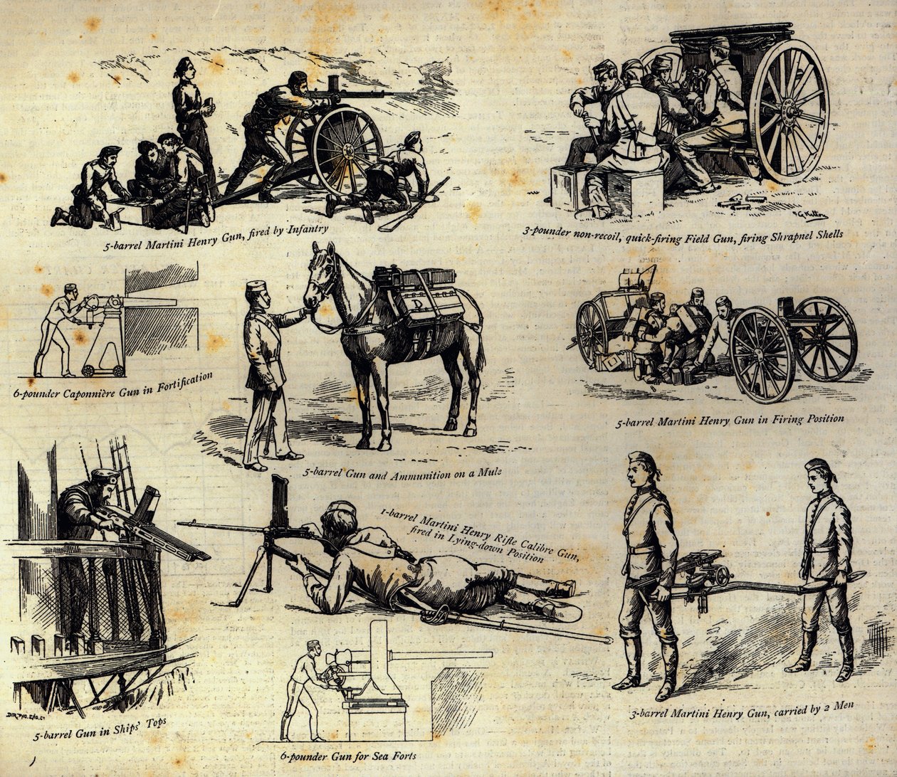 Några varianter av Nordenfeltvapen som nu används i armén och marinen, från The Graphic, 10 april 1886 av English School
