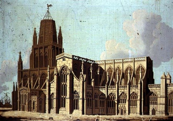 Sydostvy över St. Mary Redcliffe Church i Bristol, ca 1800 (olja på duk) av English School