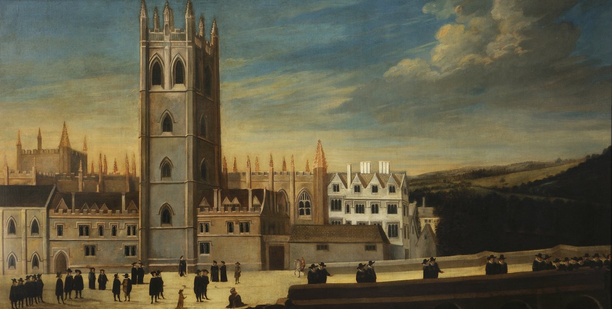 Södra framsidan av Magdalen med talrika figurer i förgrunden, c.1650 av English School