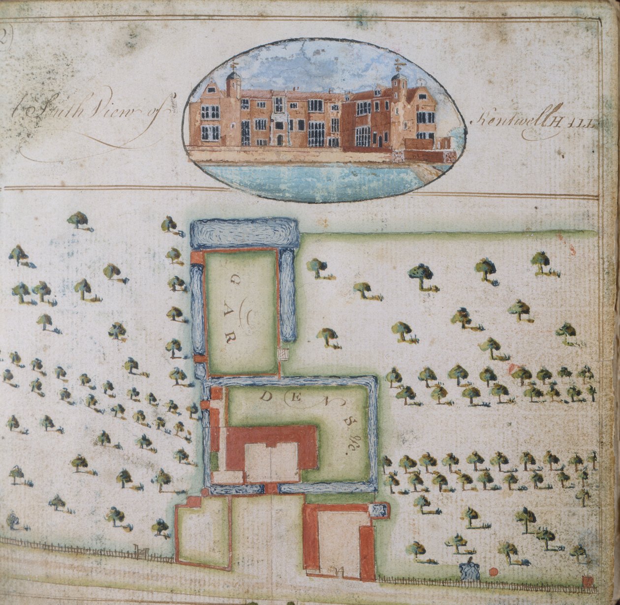 South View of Kentwell Hall, från Survey of the Estate of Richard Moore, Esq. Kentwell Hall, Suffolk, 1777 (penna & bläck och gouache på papper) av English School