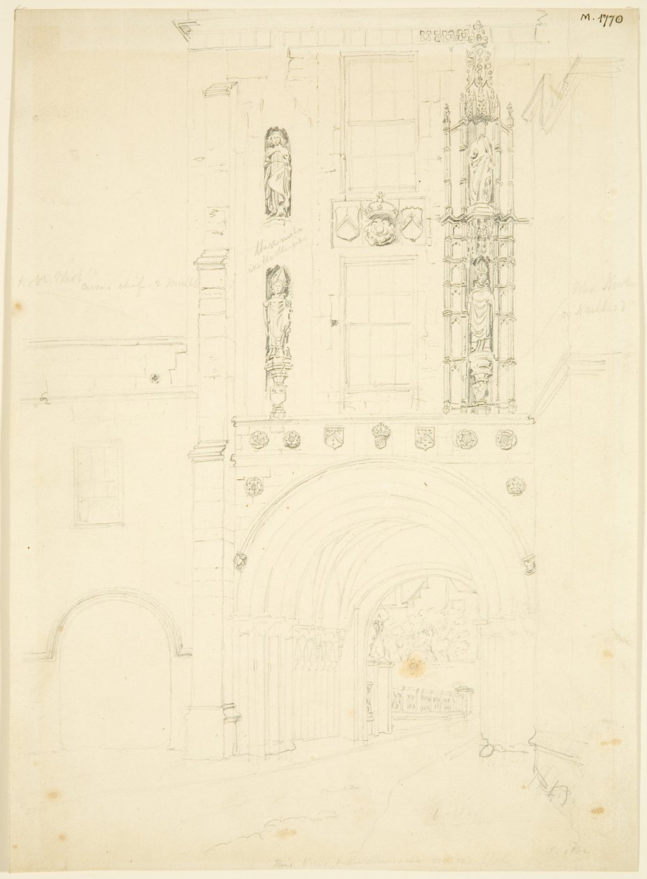 Södervy av Abbey Gatehouse of Bristol Cathedral (penna och akvarell på papper) av English School